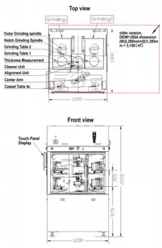 Top view and front view layout of wafer beveling machine